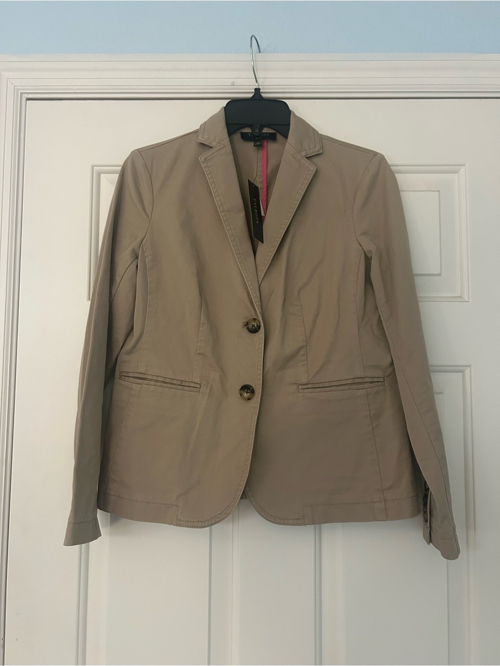 NWT Talbots Petite Khaki Tan Twill Blazer Jacket Pink Piping Size 4P